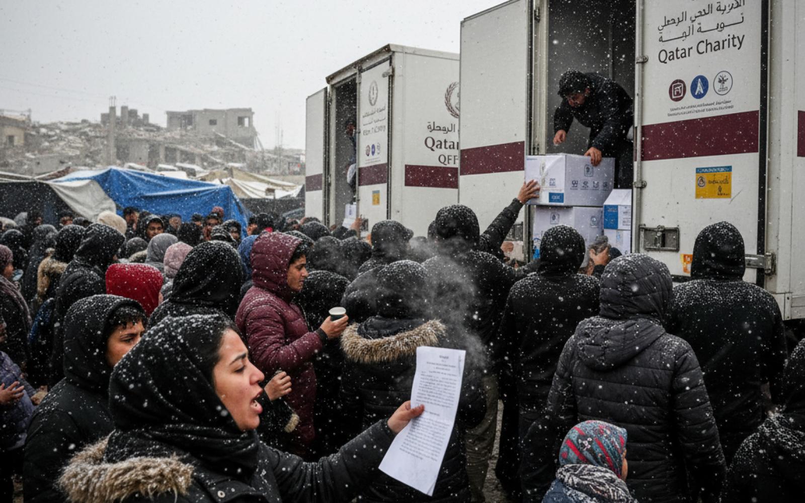 نداء تسنيم مصبح من غزة يكسر صمت المعاناة: مساعدات قطرية تصل وسط برد الشتاء القارس